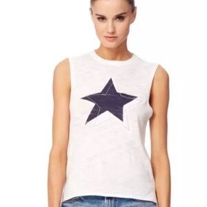 360 sweater white sleeveless t-shirt with blue and foil silver star size XS